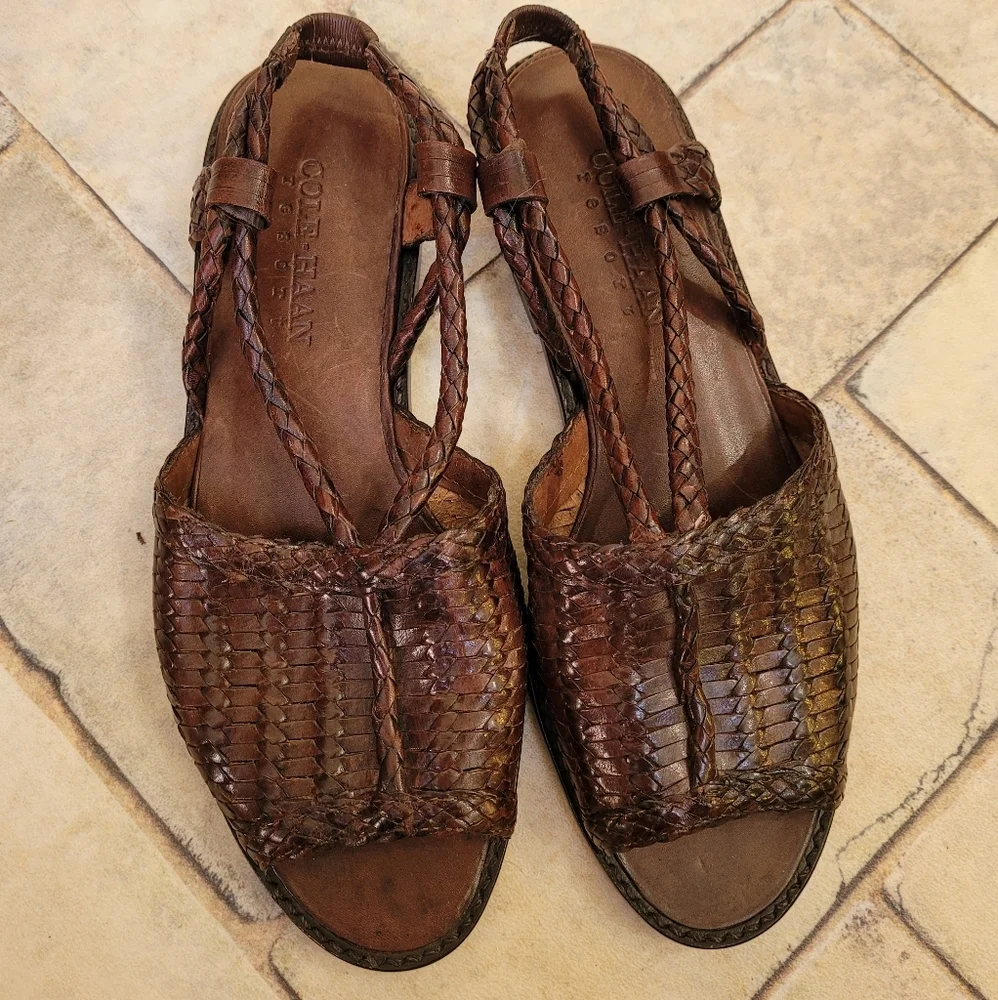 Cole Haan Brown Braided Leather Open Toe Flat Sandals 7.5